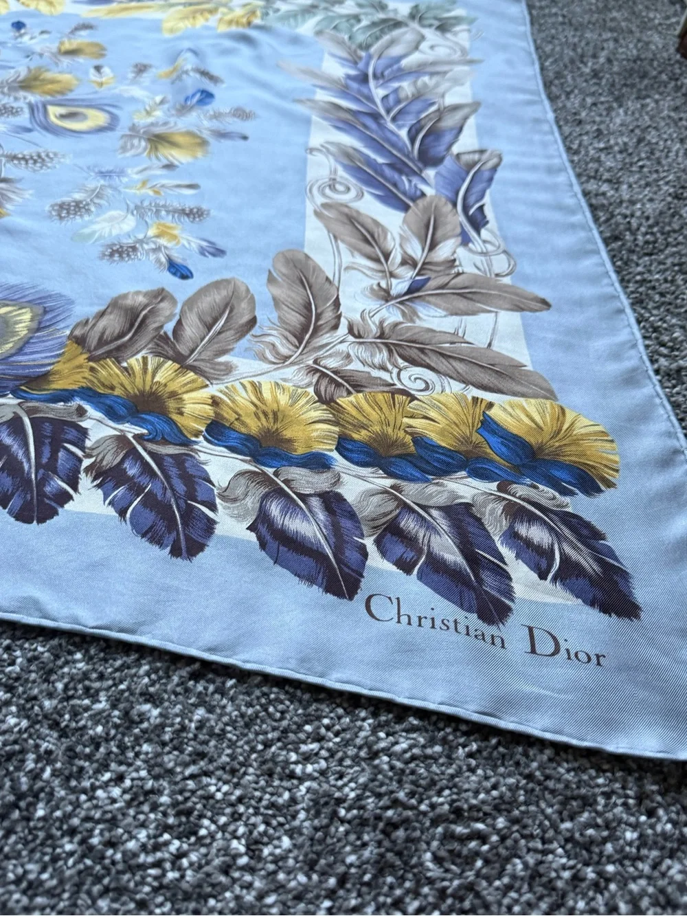 Dior Scarf. 100% Silk. Blue, Gold & Navy Feather Print
